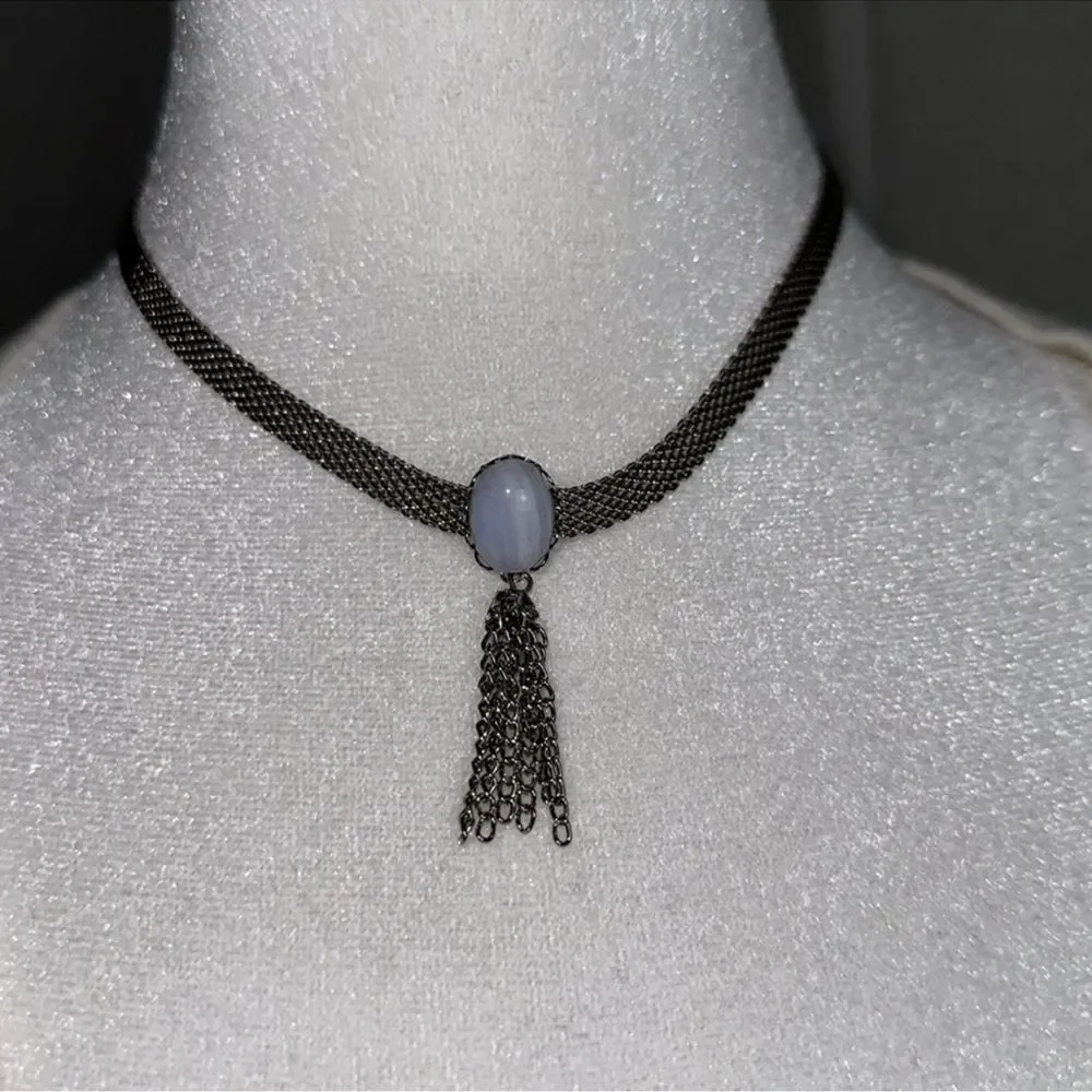 Thick Silver Tone Mesh Strand Choker Necklace Sky Blue Pearl Tassel Strands
